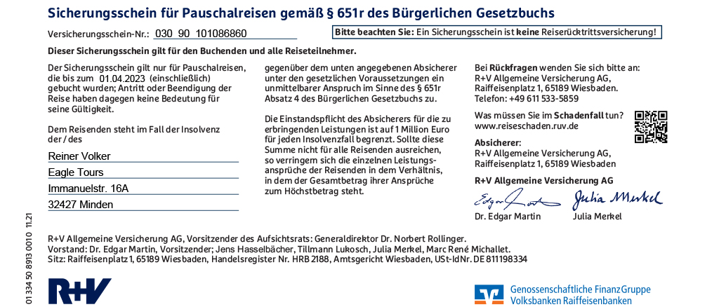 Sicherungsschein – Eagle Tours